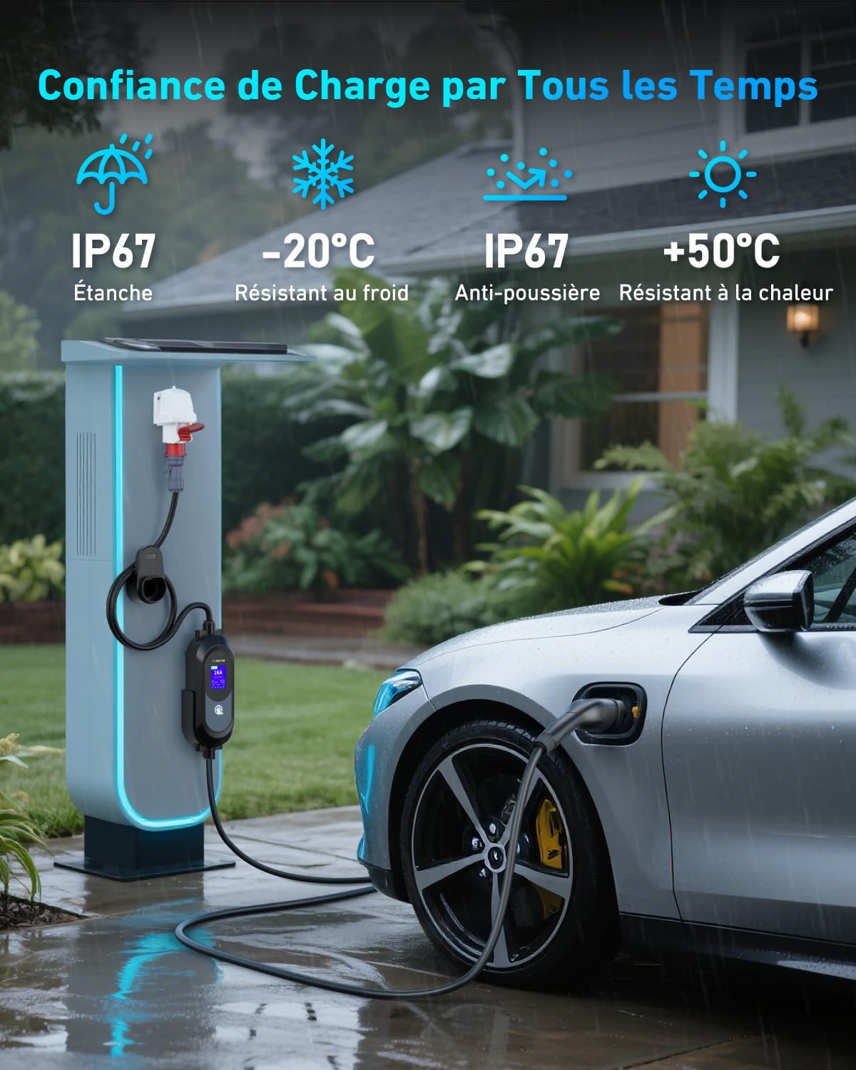 EVJUICION Cargador de coche eléctrico de 11 kW CEE trifásico 6A-16A, cargador EV tipo 2 con soporte de pared, pantalla digital, tiempo de carga ajustable [0-12 h], portabilidad, cable de carga tipo 2 de 6 m con bolsa