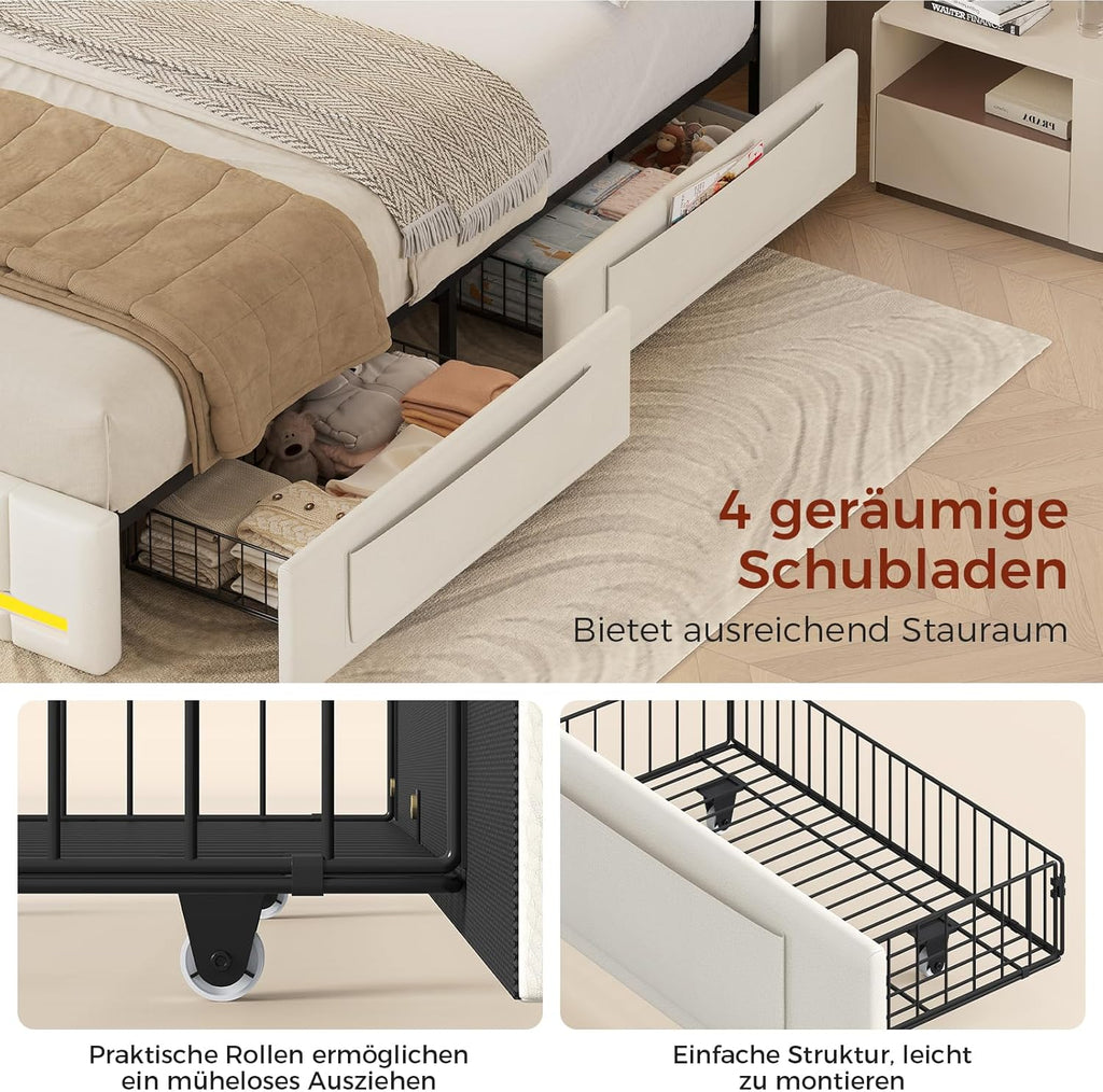 Cama KIMENICH 140x200 cm, estructura de cama doble, cama con iluminación LED, cama tapizada, 4 cajones, estación de carga, marco de metal y cabecero de madera con almacenamiento, para dormitorio, habitación de invitados, blanco + natural