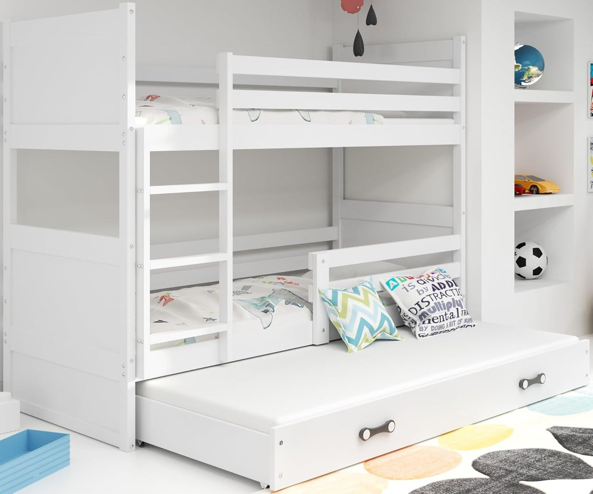 Interbeds Etagenbett für 3 Kinder Stockbett Hochbett 200x90 cm Holzbett Kiefernholz Kinderbett zusätzlicher Schlafplatz in der Schublade Jugenbett mit Lattenrost und Rausfallschutz