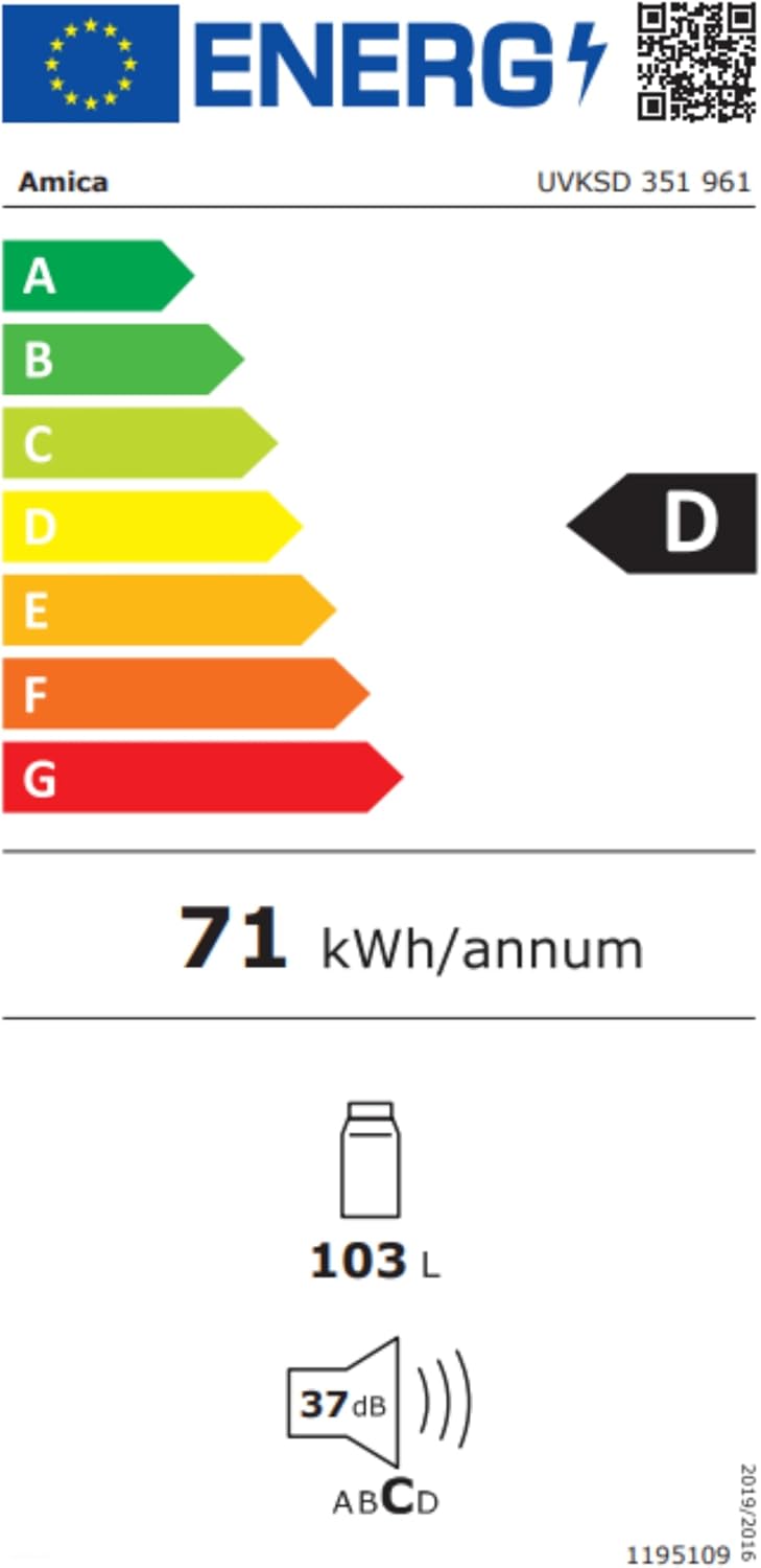 Frigorífico integrable bajo encimera Amica, capacidad total, integrable (panelable) para nicho de 81,5 cm, control electrónico, compresor Inverter, iluminación LED, alarma de puerta abierta