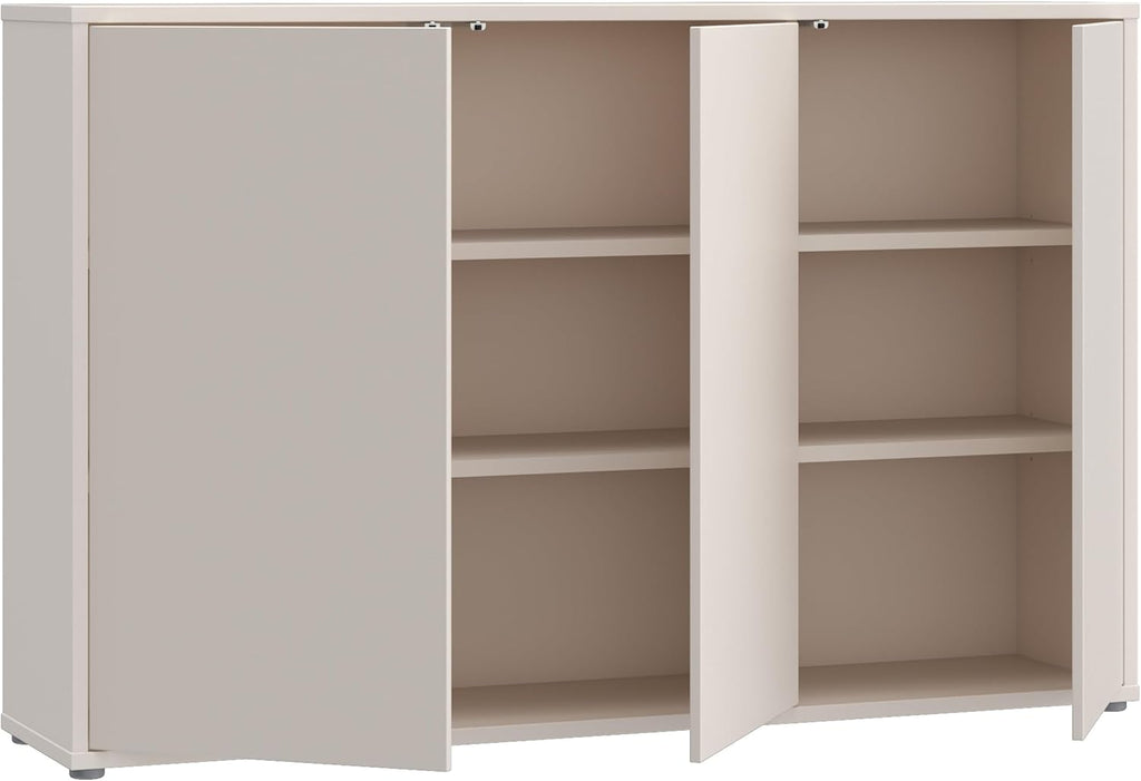 Cómoda Forte Alice Springs 150 155, aparador grande con 3 puertas de armario, pasillo, salón, dormitorio, madera de ingeniería, beige cachemira, 154,2 cm de ancho x 99,1 cm de alto x 34,9 cm de profundidad
