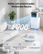Aire acondicionado portátil 9000 BTU 2,6 kW con tubo de escape | Aire acondicionado móvil 3 en 1 | Sellado de ventanas | Control por APP + mando a distancia | Funcionamiento silencioso | Temporizador 24h | Para habitaciones de hasta 25 m²