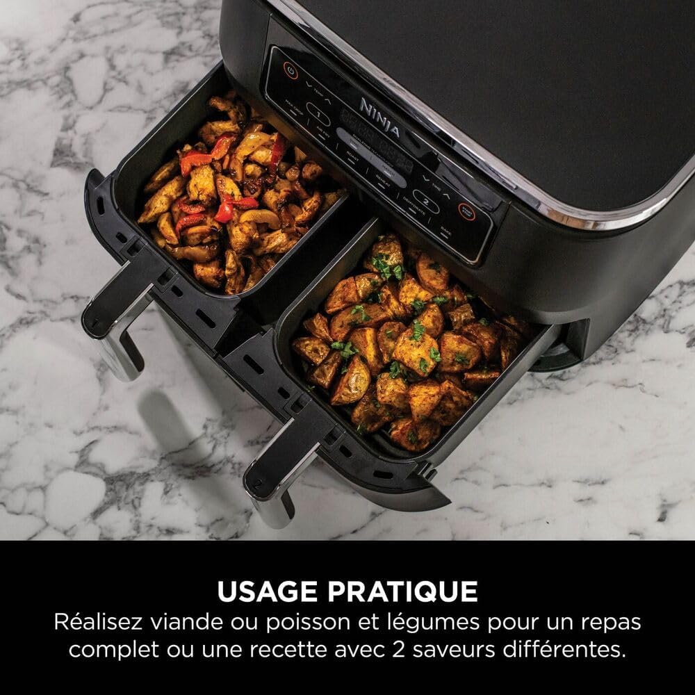 Freidora de aire NINJA Foodi DualZone, 2 compartimentos, 2 zonas de cocción independientes, capacidad de 7,6 L, freidora de aire 6 en 1, máx. 240 °C, piezas antiadherentes extraíbles aptas para lavavajillas, negro AF300EU