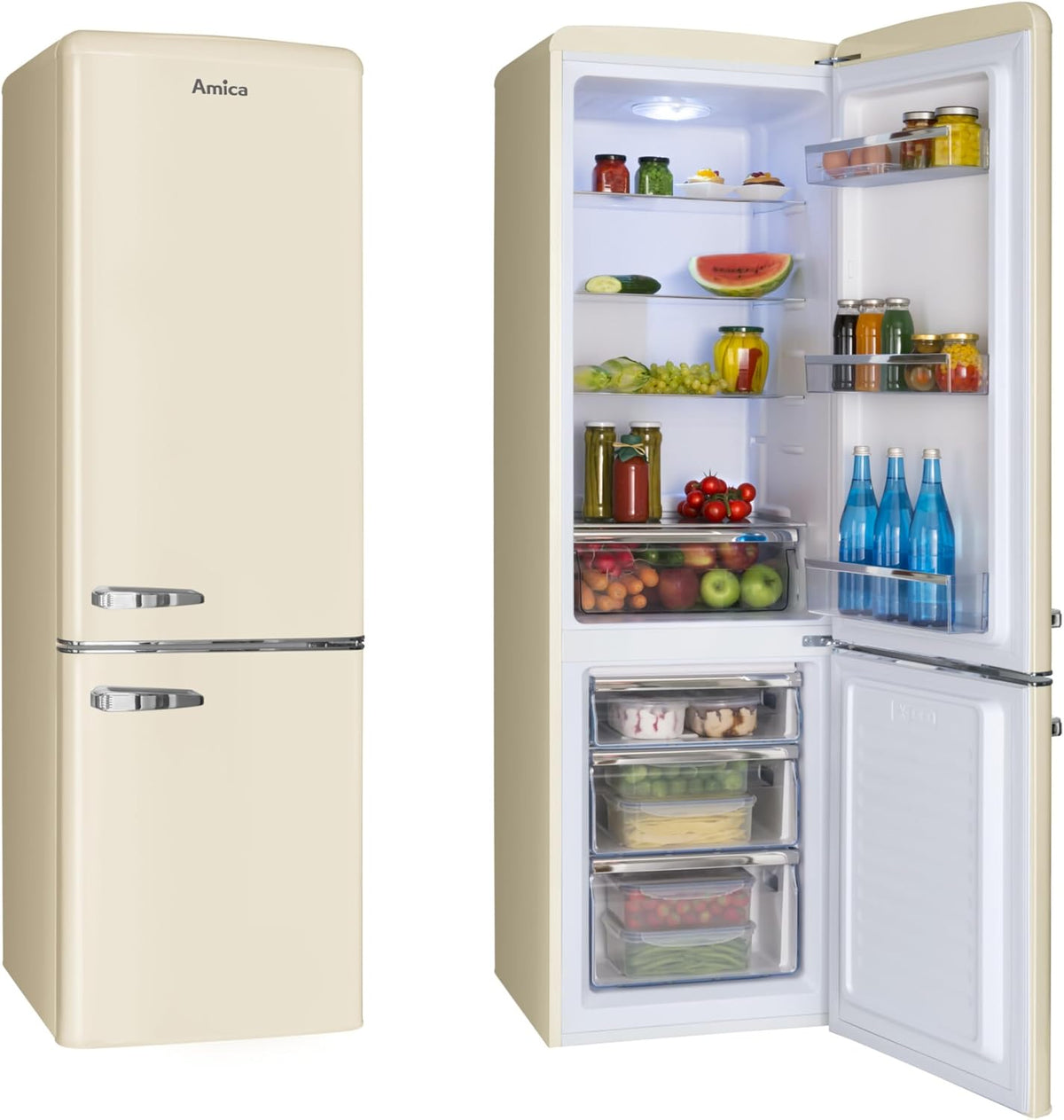 Amica Retro Kühl-Gefrierkombination 244L 181 x 55 x 61,5cm KGCR 387 101 B | 181L Kühlteil 63L Gefrierteil, LED Beleuchtung, Automatische Abtauung, Sicherheitsglas, Chrom-Flaschengitter, Leiser Betrieb