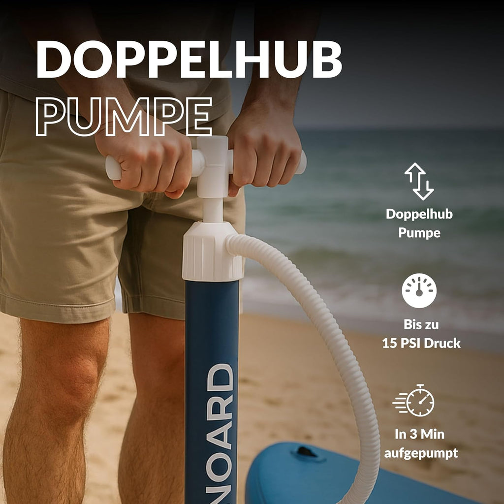 NOARD SUP Board aufblasbar Double-Layer-Dropstitch 326 cm bis 140 kg | Komplett-Set inklusive Paddel, Doppelhub-Pumpe, Rucksack, Leash und Drybag