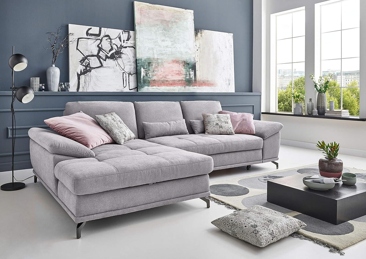 Cavadore L-Form-Sofa Castiel mit Federkern / Große Eckcouch mit Sitztiefenverstellung und XL-Longchair / 312 x 89 x 173 / Webstoff, Hellgrau