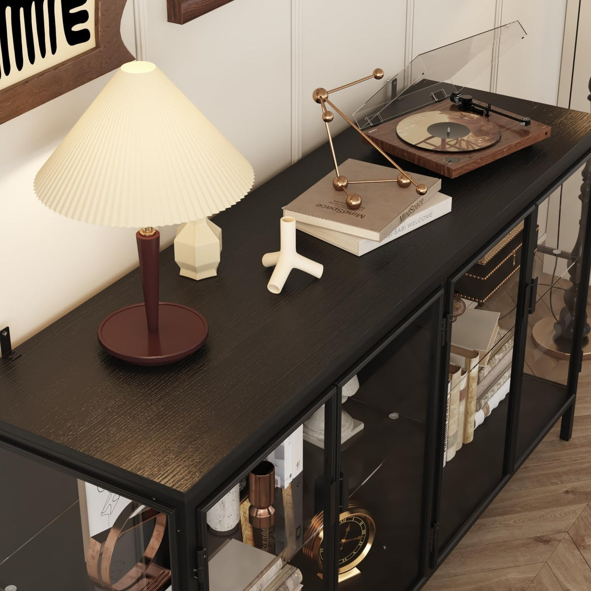 Caldion Modernes Glasvitrine mit LED-Beleuchtung,140×40×75cm,Vitrinenschrank aus gehärtetem Glas und MDF,Eisen, Glasschrank mit 3-Farbiger Beleuchtung, für Wohnzimmer,Büro