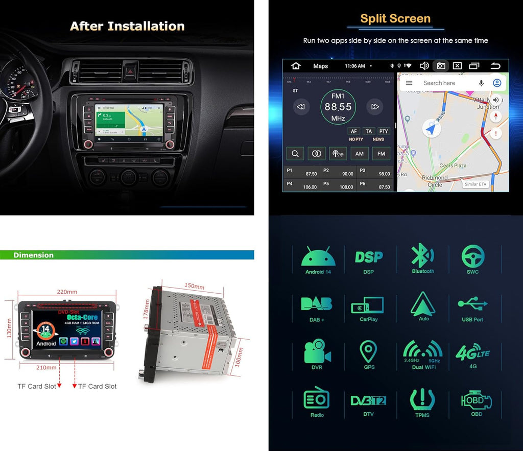 Erisin Autorradio Android 14 de 7 pulgadas, 8 núcleos, 4GB+64GB, Bluetooth, Navegador GPS para VW T5, Golf 5, Golf 6, Polo, Caddy, Tiguan, Touran, Passat, Seat, CarPlay inalámbrico, Android Auto, DAB+, DVD, DSP, WiFi, RDS, USB, OPS