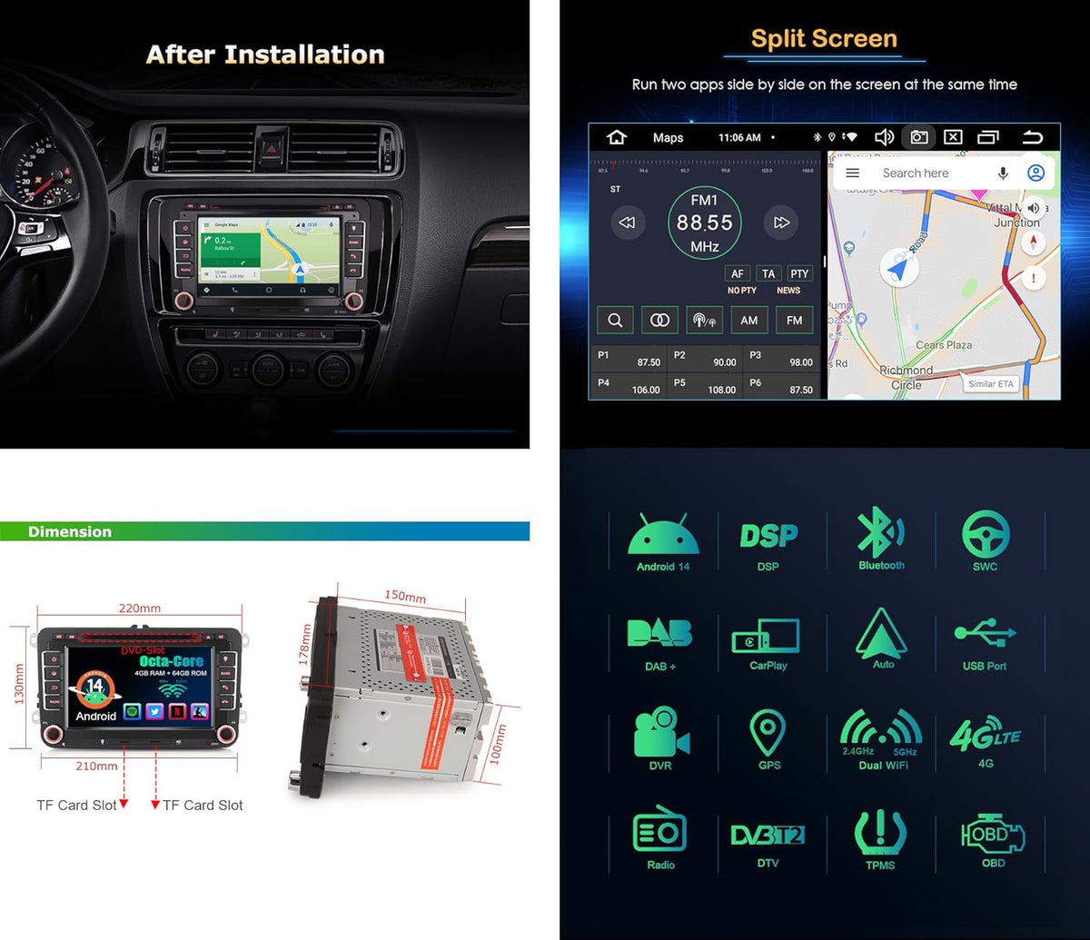 Erisin Autorradio Android 14 de 7 pulgadas, 8 núcleos, 4GB+64GB, Bluetooth, Navegador GPS para VW T5, Golf 5, Golf 6, Polo, Caddy, Tiguan, Touran, Passat, Seat, CarPlay inalámbrico, Android Auto, DAB+, DVD, DSP, WiFi, RDS, USB, OPS