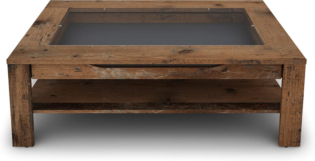 byLIVING Couchtisch Ralph/Eiche-Altholz-Optik dunkel-braun/Sofatisch mit Glaseinlage und großzügiger Schublade in braun/Beistelltisch mit viel Stauraum/B 110, H 43, T 67 cm