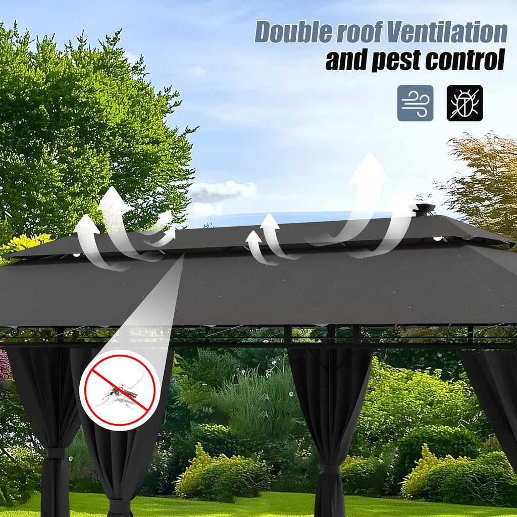 Devoko Garden Pavillon 3x6 Wasserdicht Stabil Winterfest Deluxe Gazebo, UV-Schutz 50+ Doppellagiges Grilpavillons mit seitenwänden für 10-20 Personen, Partyzelt für Freizeit, Partys, Grau mit LED