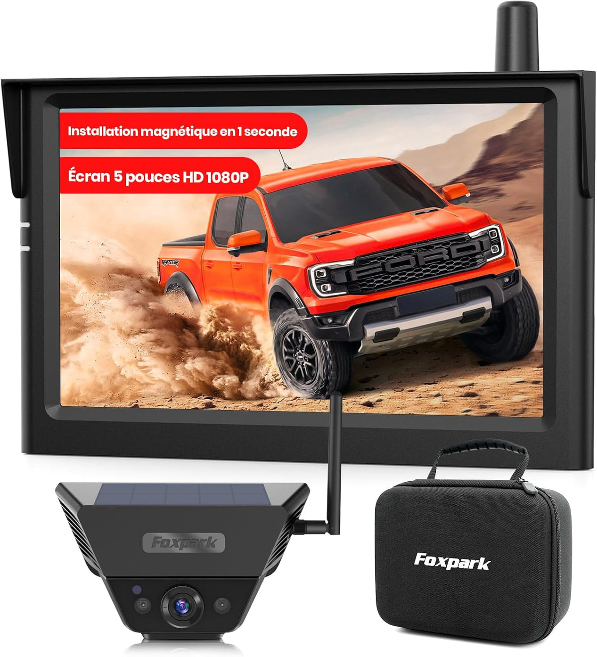 Cámara de visión trasera solar magnética inalámbrica: pantalla HD 1080P de 5 pulgadas, instalación magnética en 1 minuto, señal potente, cámara de visión trasera impermeable IP69K con bolsa de almacenamiento para coche, SUV, camión y remolque