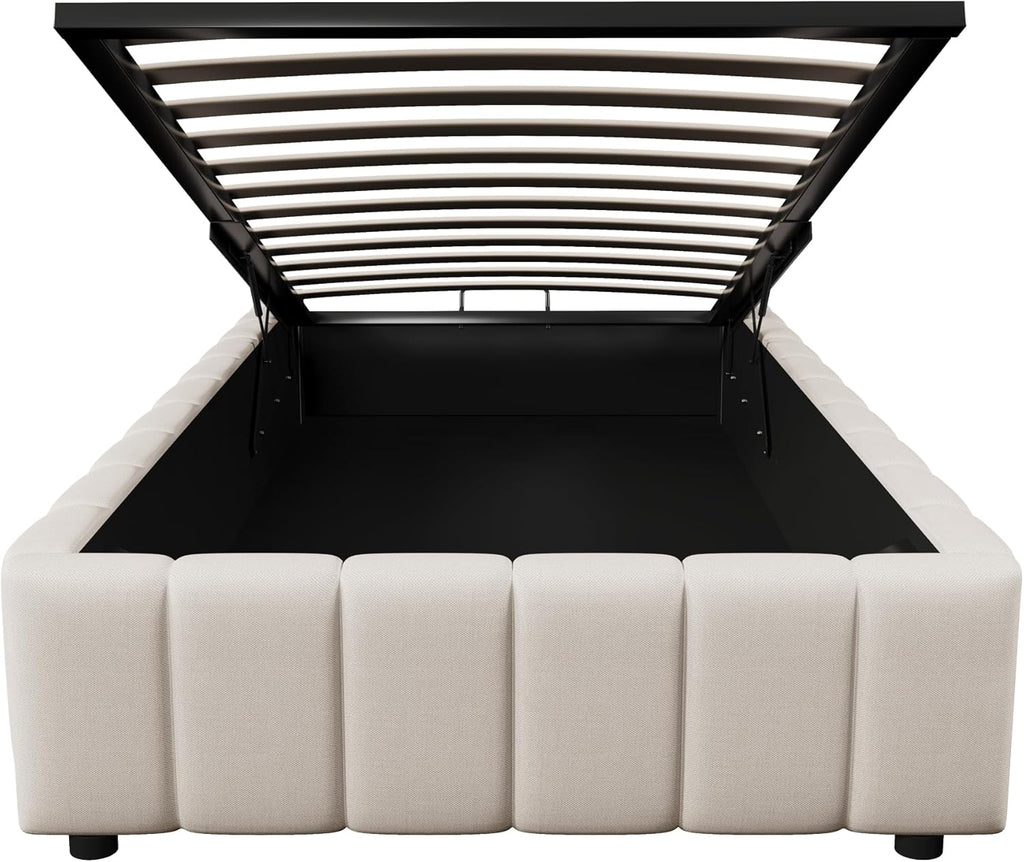 Cama tapizada 90x200, cama individual con espacio de almacenamiento y somier, sin cabecero, marco de cama con arcón hidráulico, cama con almacenaje hidráulico, estructura de cama, cama juvenil, lino, sin colchón, beige