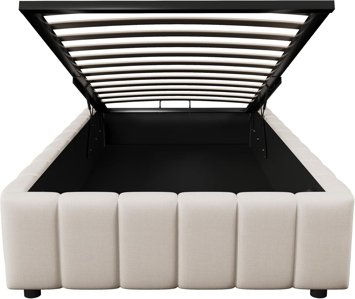 Cama tapizada 90x200, cama individual con espacio de almacenamiento y somier, sin cabecero, marco de cama con arcón hidráulico, cama con almacenaje hidráulico, estructura de cama, cama juvenil, lino, sin colchón, beige