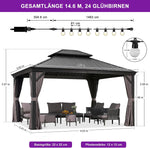 PURPLE LEAF Gazebo de jardín 3,65 x 4,25 m, pabellón de aluminio impermeable, estable y resistente al invierno, cenador con techo rígido de acero, 14,6 m², 24 luces LED, gris