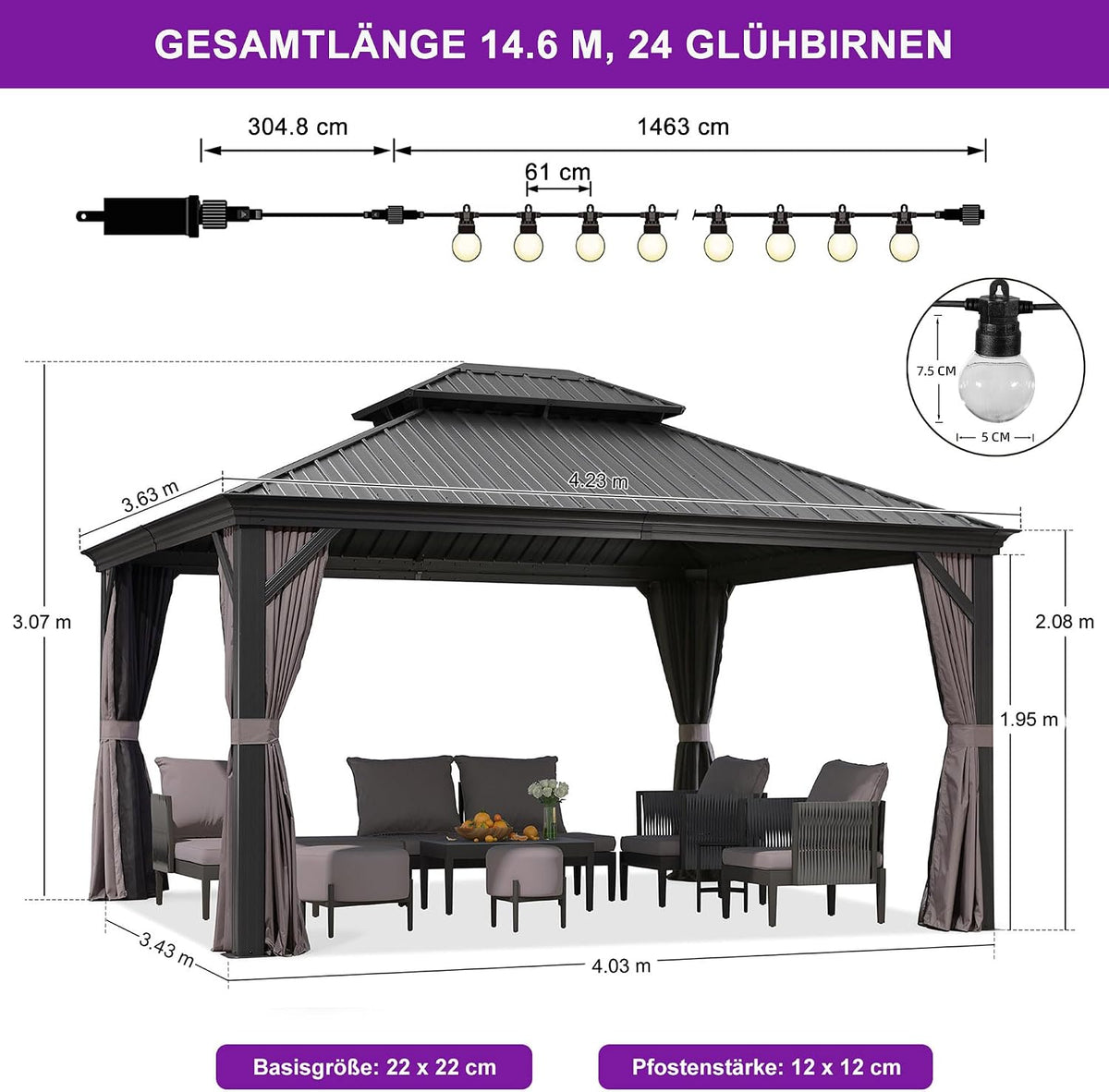 PURPLE LEAF Gazebo de jardín 3,65 x 4,25 m, pabellón de aluminio impermeable, estable y resistente al invierno, cenador con techo rígido de acero, 14,6 m², 24 luces LED, gris
