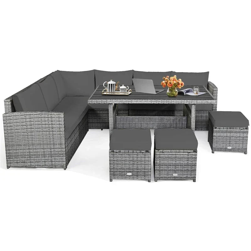 Conjunto de muebles de comedor para patio de 7 piezas de ratán con sofá seccional, mesa de comedor, otomanas y cojines