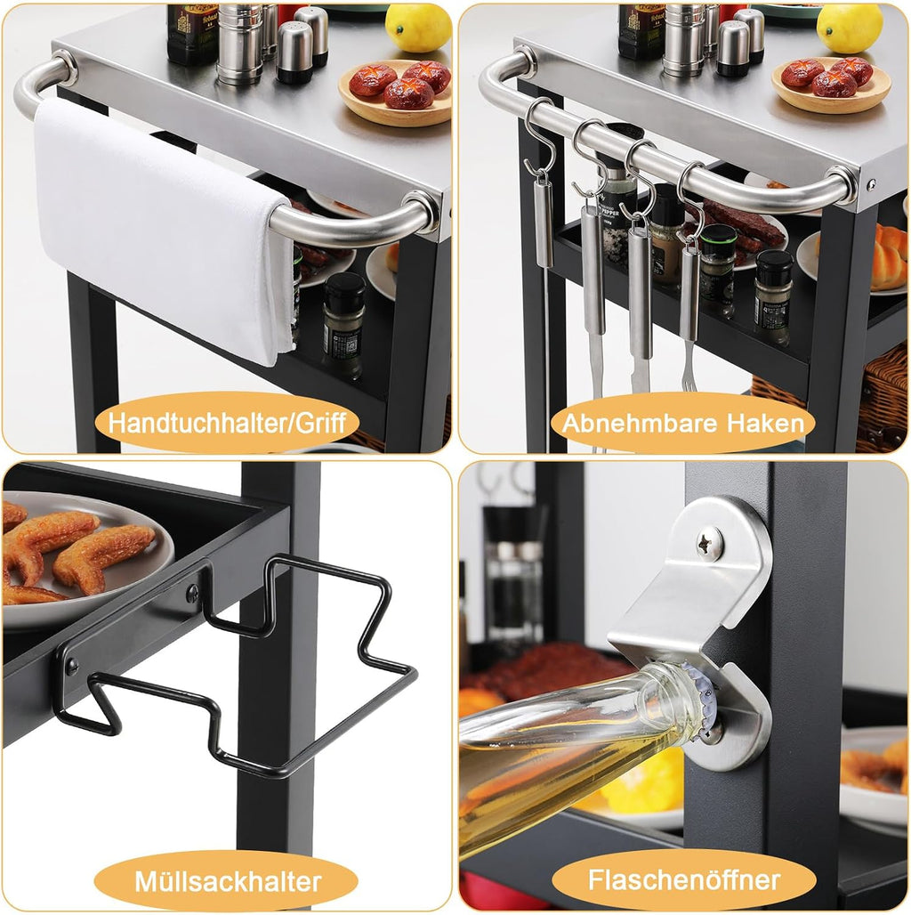 LIFERUN Edelstahl Grillwagen 3 Etagen, Grilltisch Outdoor mit Edelstahl Tischplatte, Grill Beistelltisch Servierwagen, Garten Trolley Küchenwagen mit Rollen Haken, BBQ Beistellwagen Außenbereich