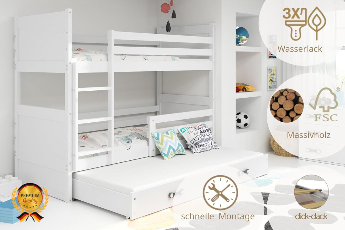 Interbeds Etagenbett für 3 Kinder Stockbett Hochbett 200x90 cm Holzbett Kiefernholz Kinderbett zusätzlicher Schlafplatz in der Schublade Jugenbett mit Lattenrost und Rausfallschutz