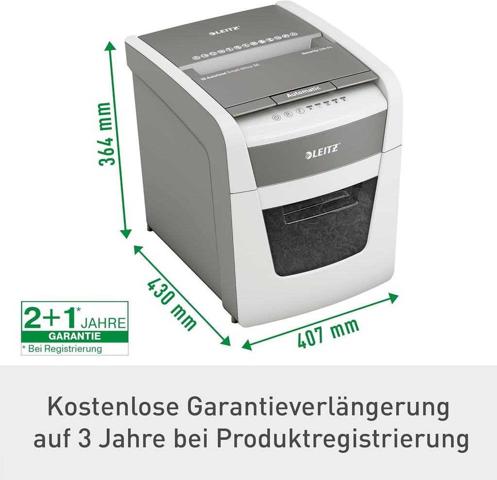 Destructora de documentos Leitz IQ Autofeed Small Office, tritura pilas de 50 hojas de papel, ahorra tiempo con alimentación automática, corte en partículas P4, papelera de 20 L, funcionamiento silencioso para oficina, 80350000