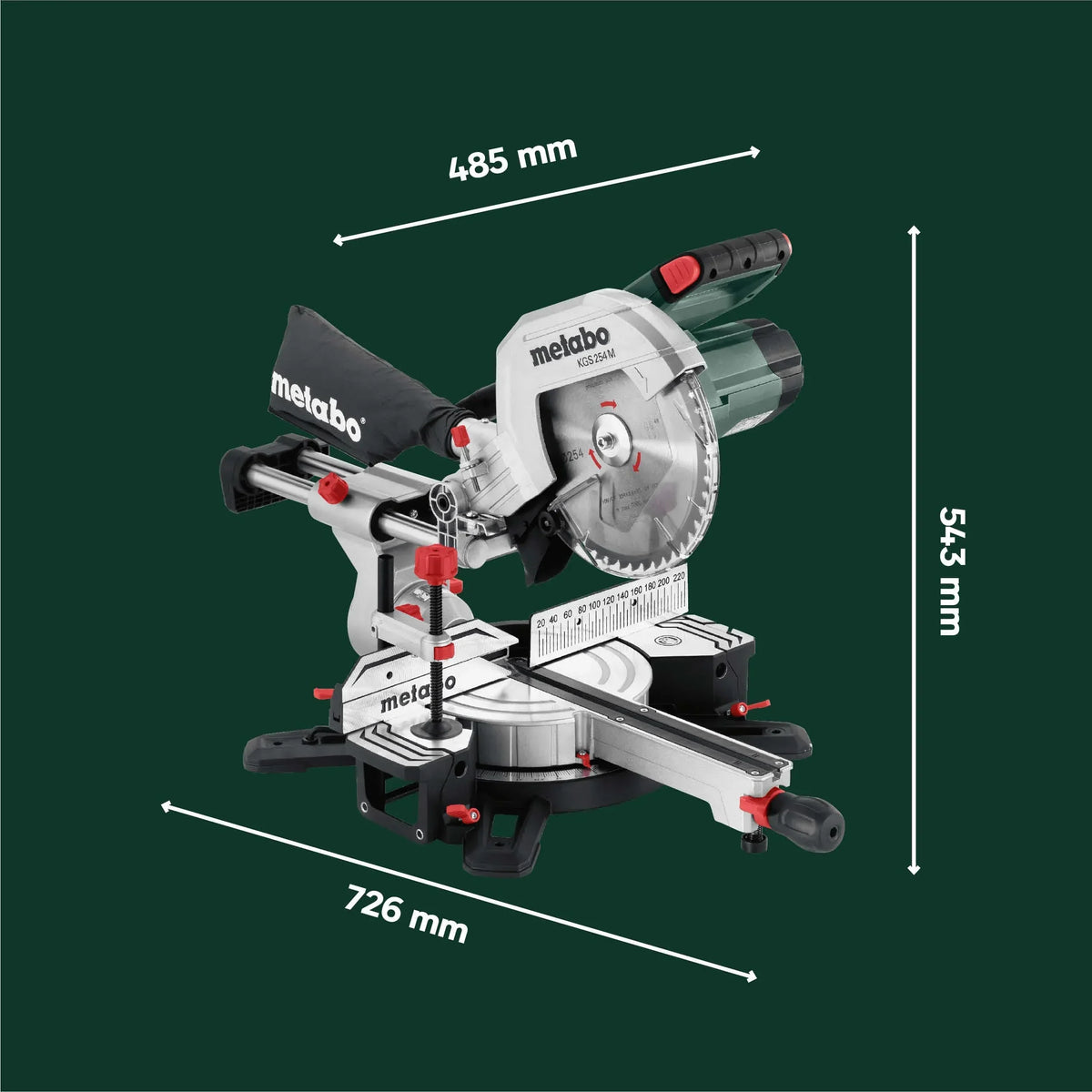 Sierra ingletadora telescópica Metabo KGS 254 M, función de tracción, 254 mm, línea de corte LED PCL, arranque suave, incl. Precision Cut Wood