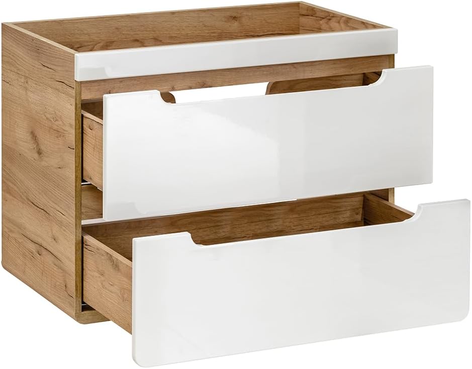 Conjunto de muebles de baño Lomadox con lavabo de 81 cm y armario con espejo LED, blanco brillante con imitación roble Wotan, armario colgante, armario bajo