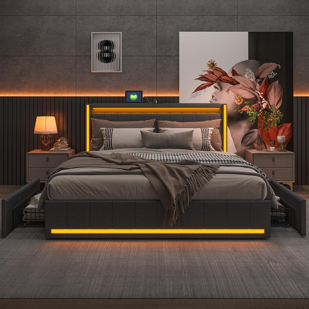 Cama tapizada BRILVERDE 160x200 con almacenamiento, cama doble con USB/LED, cama juvenil con 4 cajones, estructura de cama con somier y cabecero, lino (gris, 160 x 200 cm)