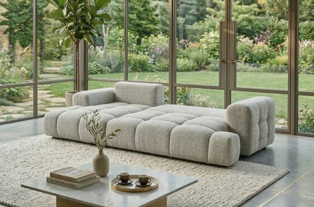 Sofá grande B&B HOME Vitton II, forma en L, tapizado de pana, beige, función cama, arcón, estilo escandinavo (con reposabrazos a la izquierda)