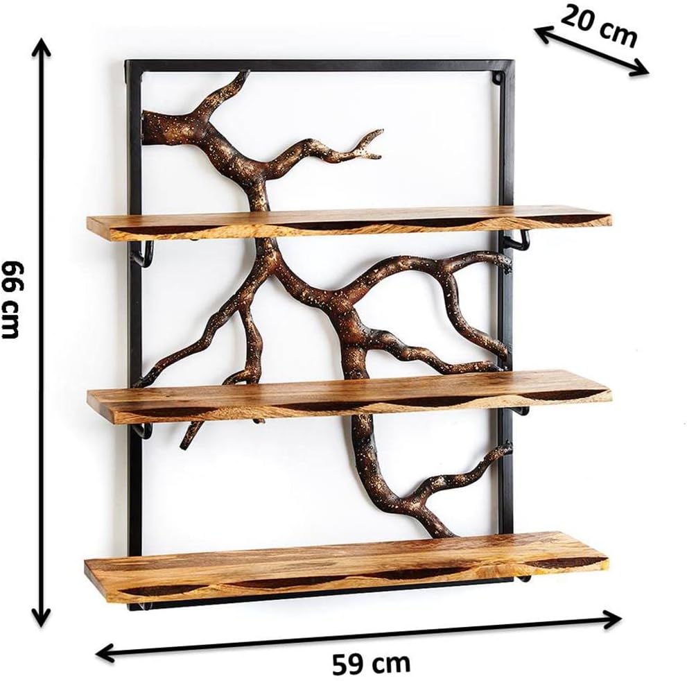 Estantería de pared Kobolo - Rama de árbol - 3 estantes - 59x20x66 cm - de hierro y madera