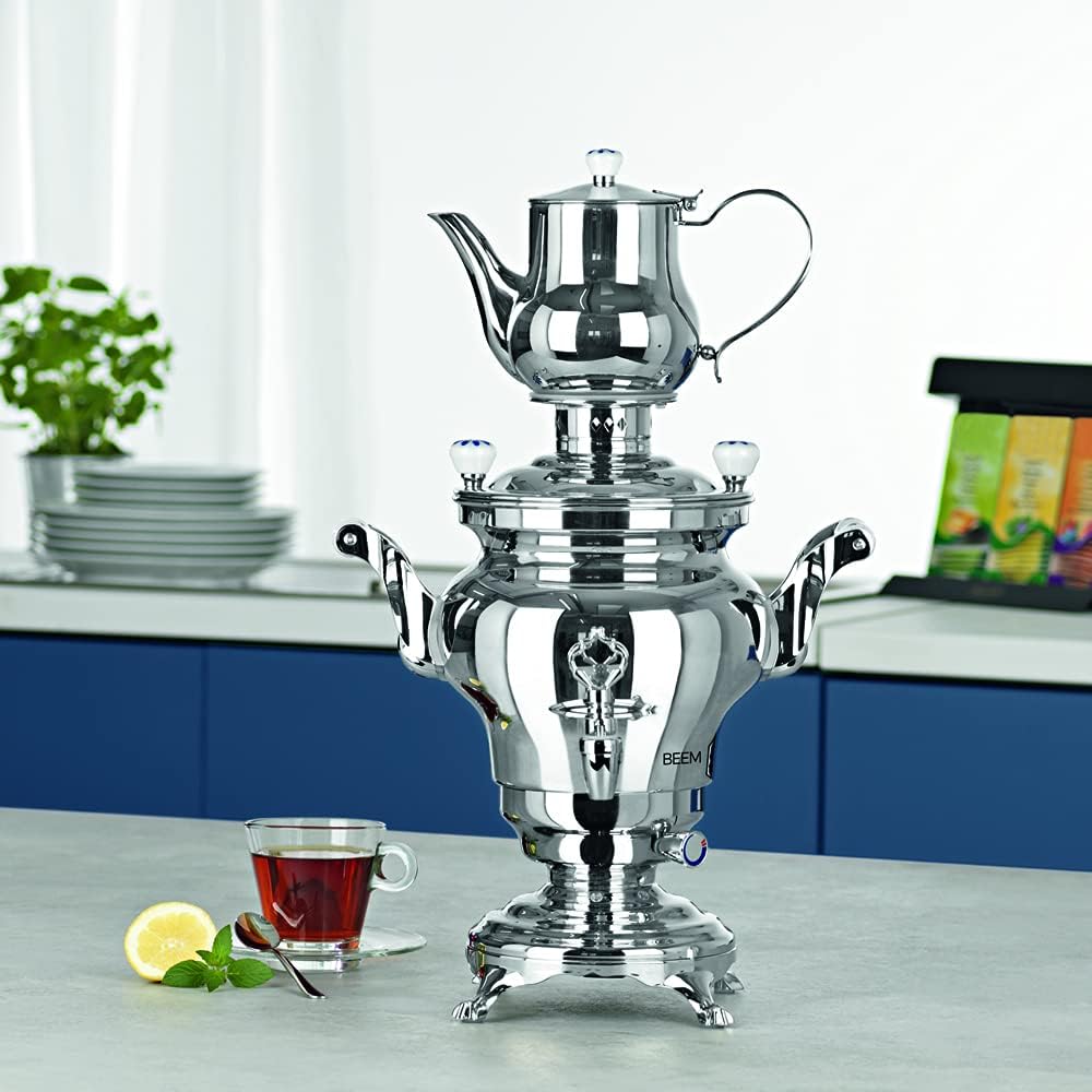 BEEM 06127 Samowar Odessa III, Edelstahl, 3 Liter, traditionelle Teezubereitung, 2 Heizspiralen, energiesparend, 53 x 34 x 25 cm, Silber