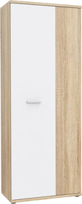 FORTE NET106 Armario 70, zapatero, armario ropero, trastero, armario de puertas batientes, 2 puertas con estantes, blanco con decoración en madera: roble Sonoma, 69 cm de ancho x 179 cm de alto x 35 cm de profundidad