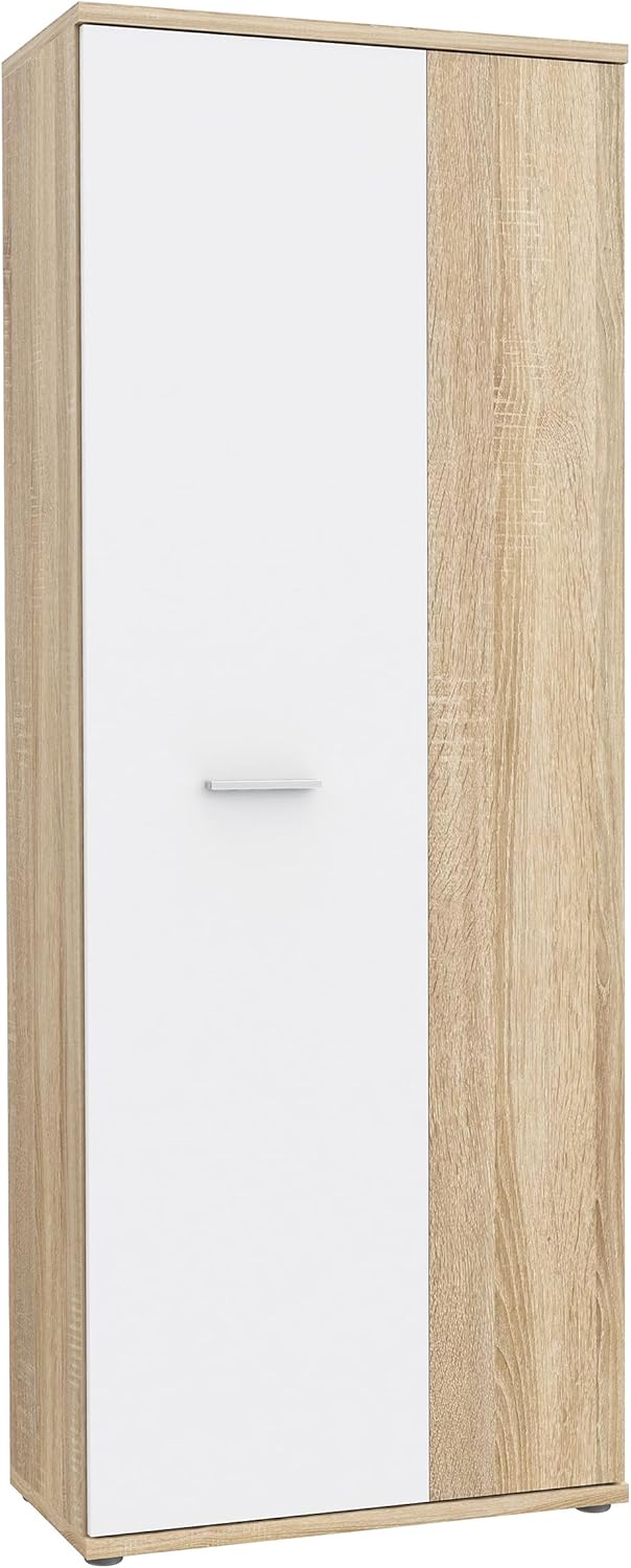 FORTE NET106 Armario 70, zapatero, armario ropero, trastero, armario de puertas batientes, 2 puertas con estantes, blanco con decoración en madera: roble Sonoma, 69 cm de ancho x 179 cm de alto x 35 cm de profundidad