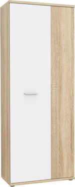 FORTE NET106 Armario 70, zapatero, armario ropero, trastero, armario de puertas batientes, 2 puertas con estantes, blanco con decoración en madera: roble Sonoma, 69 cm de ancho x 179 cm de alto x 35 cm de profundidad