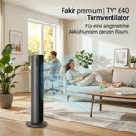 Ventilador de torre Fakir Premium TV° 640 - Ventilador silencioso de 32dB(A), motor CC, 12 niveles, temporizador de 12h, pantalla LED, mando a distancia y oscilación de 90°, purificación de aire, 450m³/h, 110cm de altura, color: antracita