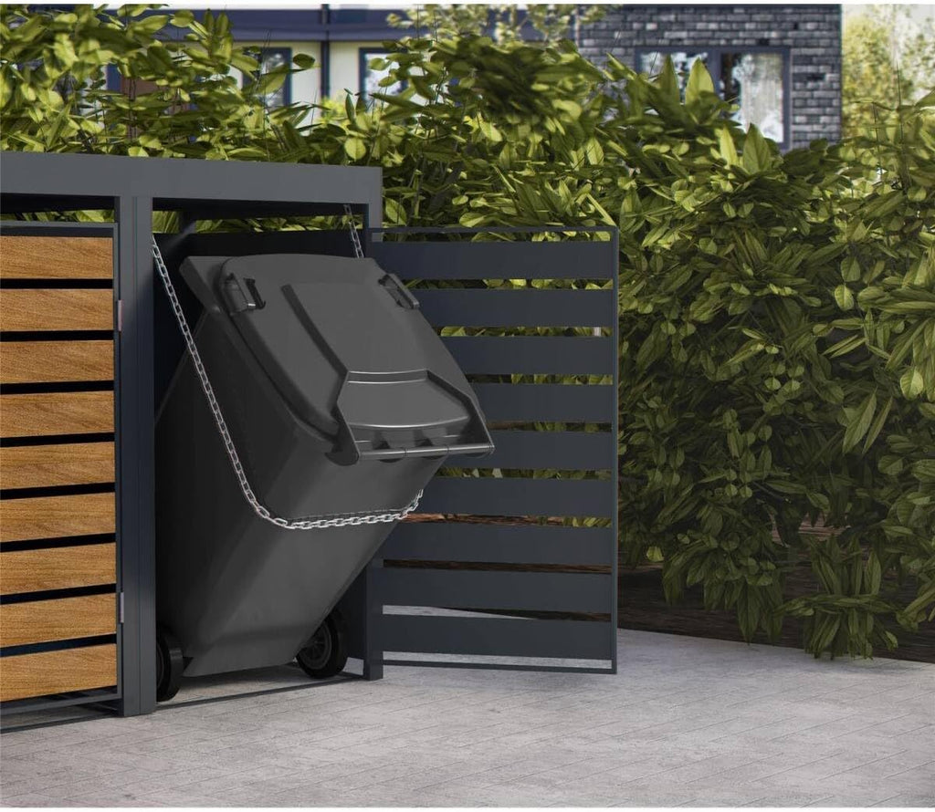 Cubrecontenedores Metzler para 4 cubos de 240L en antracita y efecto madera con techo ajardinado y franjas decorativas, cerramiento para 4 cubos con tapa automática, caseta para basura de acero inoxidable con recubrimiento en polvo, con cerradura