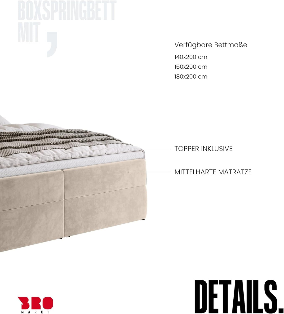 Cama boxspring BROMARKT con arcón, cama tapizada con colchón Bonnell y topper, cama doble con espacio de almacenamiento para dormitorio, cabecero acolchado Dream 140x200, grado de firmeza H3, tejido de terciopelo beige