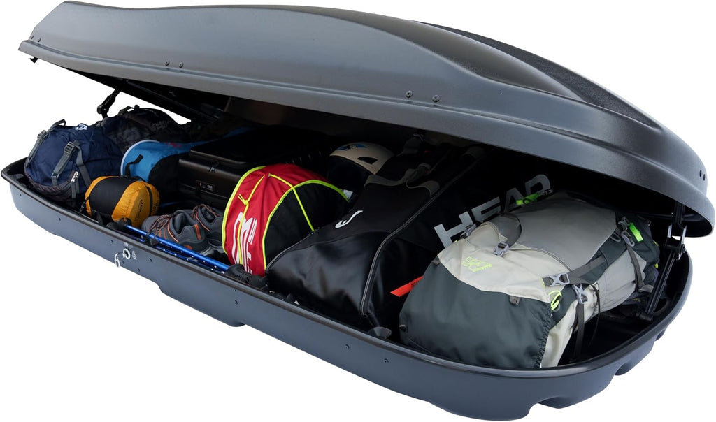 Farad Marlin Dachbox 680L schwarz metallic mit Elastisches Befestigungsnetz - Doppelter Seitenöffner, TÜV-GS Zulassung, 5 Jahre Garantie - 3-Punkt-Zentralverriegelung mit Sicherheitsschlüssel