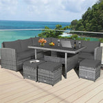 Conjunto de muebles de comedor para patio de 7 piezas de ratán con sofá seccional, mesa de comedor, otomanas y cojines