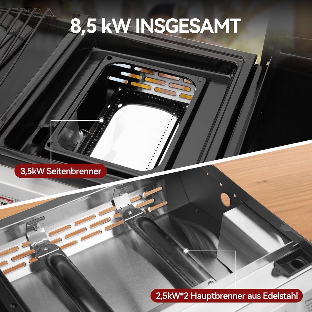 Royal Gourmet 3 Brenner Gasgrill, 3 in 1 Tischgrill mit Grillen, Braten, Kochen, Campinggrill mit Klappbare Seitenablage, Tragbarer Picknickgrill mit 8,5 kW Schwarz