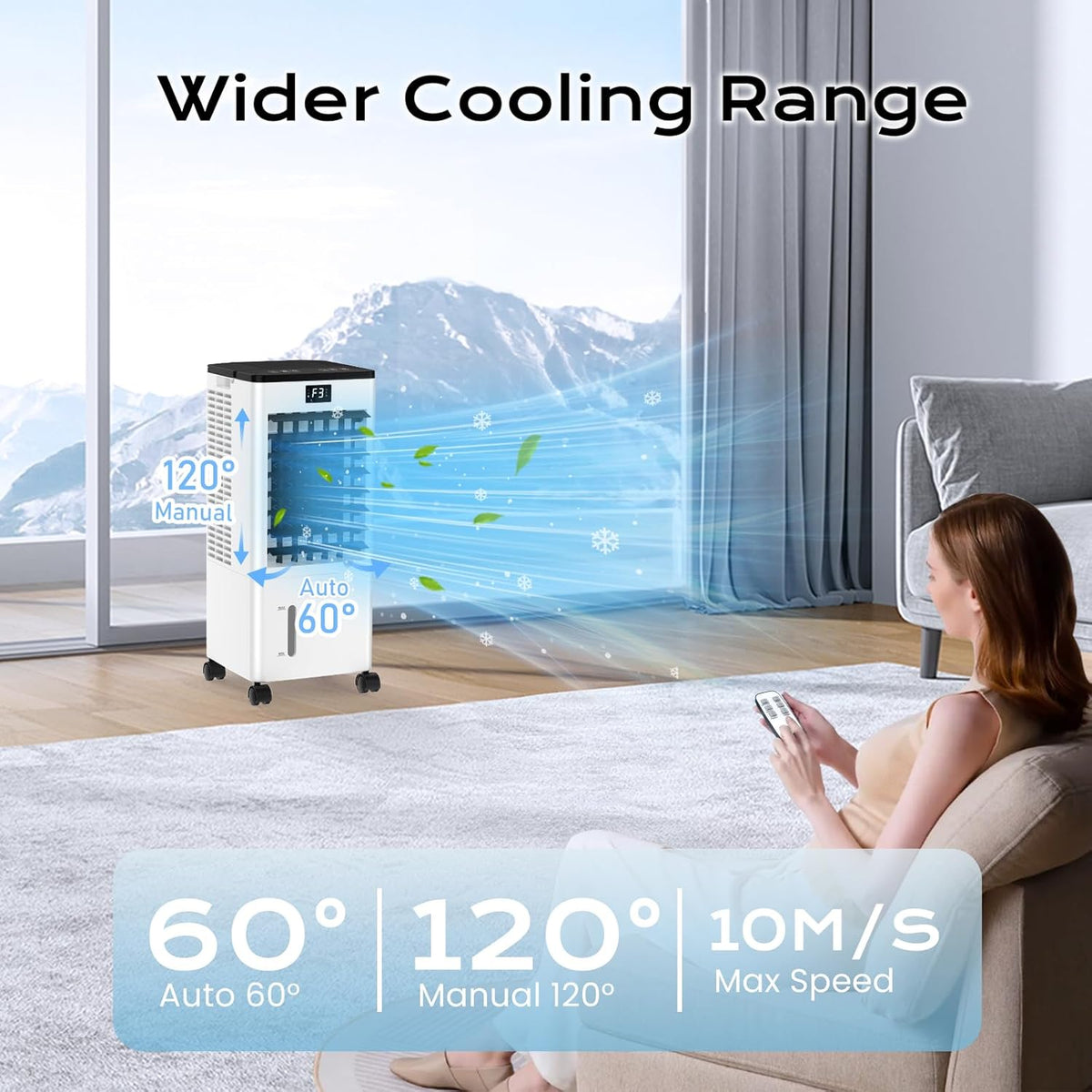 Klimaanlage Mobil Ohne Abluftschlauch, 4 IN 1 Verdunstungskühler Wassertank Leiser Luftkühler Schlafmodus 4 Modi 3 Geschwindigkeiten 60/120° Oszillation 1-12h Timer 4 Kühlakku für Zuhause Schlafzimmer