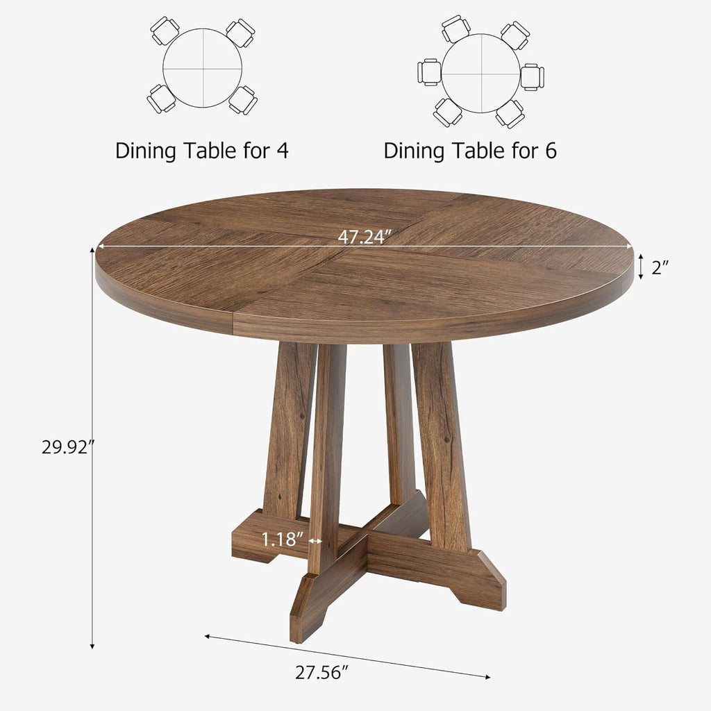 Mesa de comedor redonda para 4-6 personas, mesa de cocina con marco de madera resistente, mesa de comedor que ahorra espacio en diseño industrial, circular, mesas de comedor para café, hogar, cocina, sala de estar (solo mesa), color nogal
