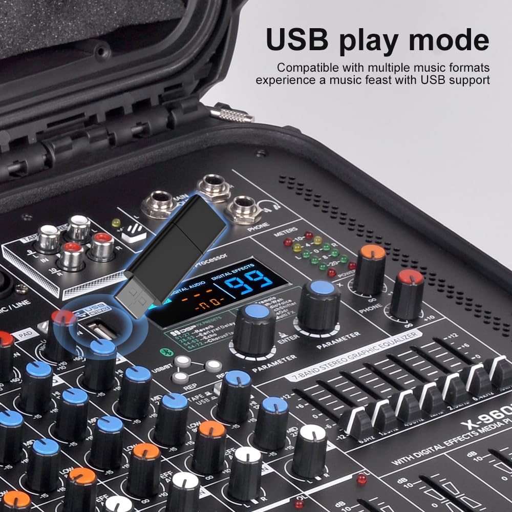 Mesa de mezclas autoamplificada profesional de 8 canales X-960D con amplificador de alta potencia, consola de sonido todo en uno para altavoces pasivos de 15", 99 efectos DSP, ecualizador gráfico de 7 bandas, Bluetooth/USB, alimentación phantom de 48 V