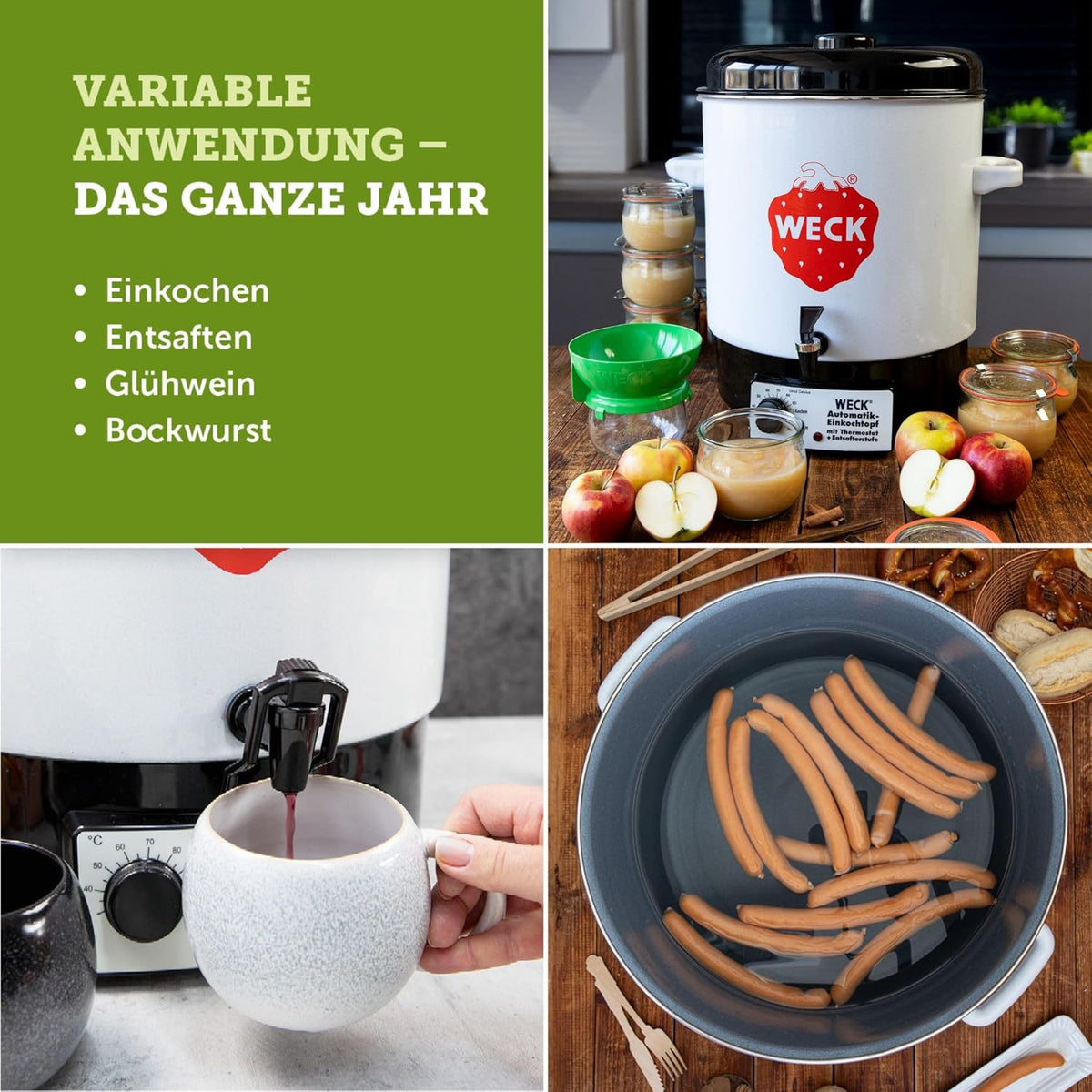 Esterilizador automático WECK WAT14-A de esmalte con termostato de precisión y grifo – Olla conservadora de 29 L, hervidor de vino caliente, extractor de jugo al vapor, máquina para conservas – Fabricado en Alemania, de alta calidad y versátil