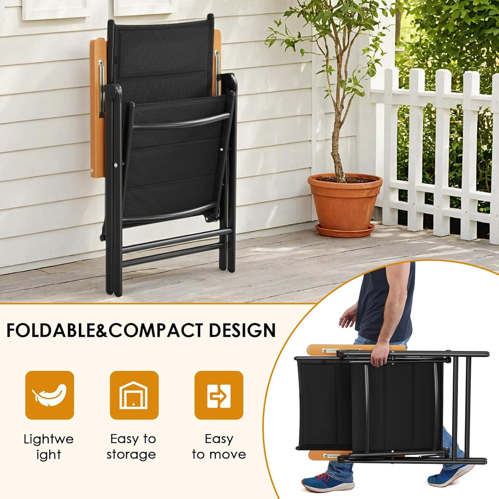 LIFERUN Silla de jardín plegable con respaldo alto, juego de 2 sillas de aluminio para balcón, reposabrazos de WPC, con respaldo y asiento acolchados, ajustable en 7 posiciones, hasta 120 kg, silla de comedor para exteriores, negro, 2 unidades