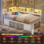AOGLLATI Bett 90x200 mit Stauraum Schlafsofa mit Integriertem Bücherregal & 6 Schubladen,Jugendbett mit LED-Beleuchtung & Ladestation Gästebett Tagesbett Bettgestell mit Lattenrost(Weiß, 90x200cm)