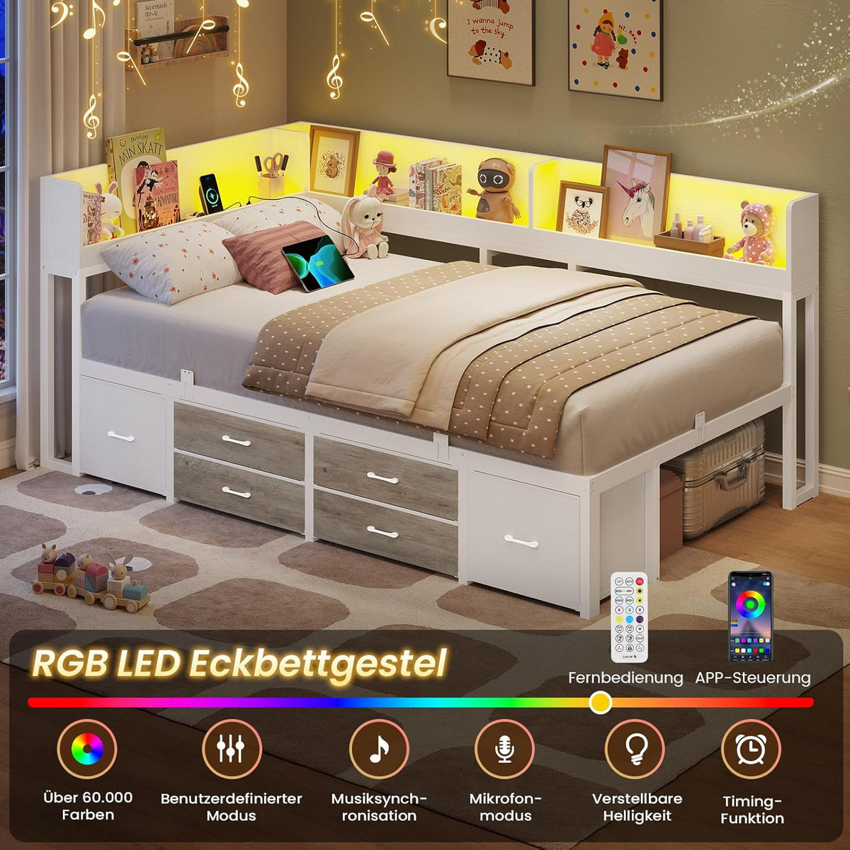 AOGLLATI Bett 90x200 mit Stauraum Schlafsofa mit Integriertem Bücherregal & 6 Schubladen,Jugendbett mit LED-Beleuchtung & Ladestation Gästebett Tagesbett Bettgestell mit Lattenrost(Weiß, 90x200cm)