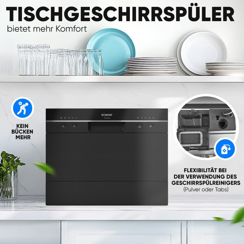 Minilavavajillas Bomann con conexión de agua | incl. manguera | Lavavajillas de sobremesa silencioso | Mini lavavajillas para cocinas pequeñas/camping | Lavavajillas pequeño con protección contra desbordamiento | TSG 7405 negro