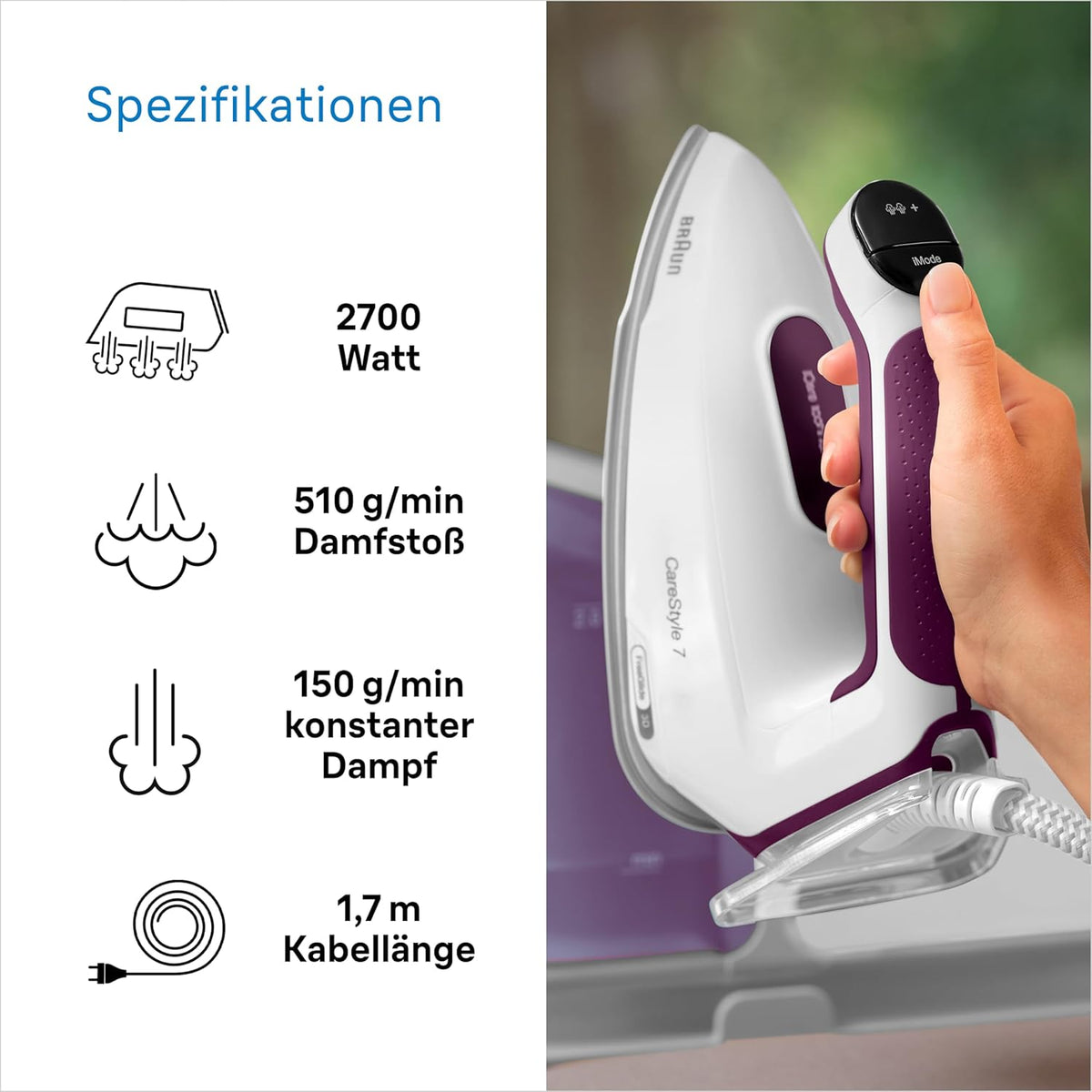 Centro de planchado Braun CareStyle 7 IS 7266 VI, suela FreeGlide 3D, funciones iCare, iMode y vapor vertical, FastClean, golpe de vapor 550 g/min, depósito de agua extraíble de 2 L, 2700 W, blanco-violeta