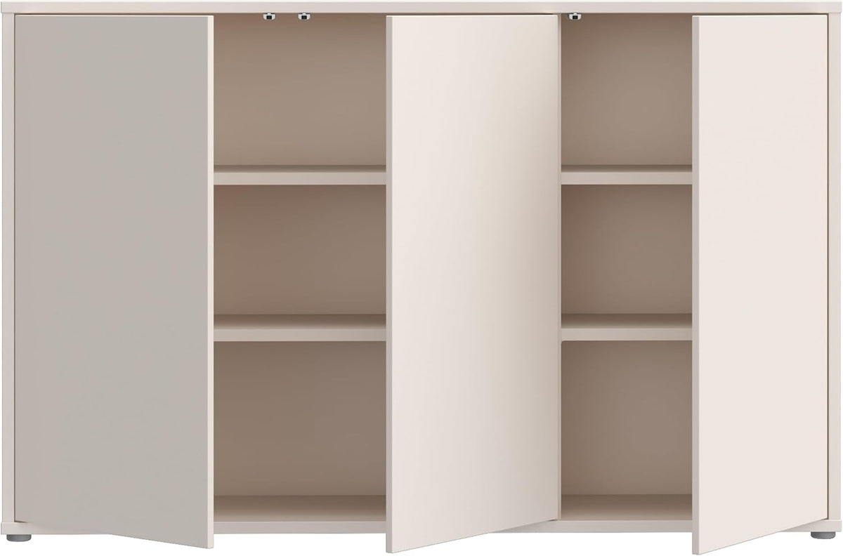 Cómoda Forte Alice Springs 150 155, aparador grande con 3 puertas de armario, pasillo, salón, dormitorio, madera de ingeniería, beige cachemira, 154,2 cm de ancho x 99,1 cm de alto x 34,9 cm de profundidad