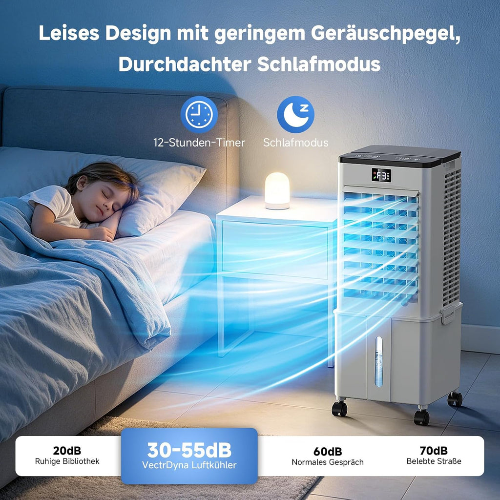 Klimagerät ohne Abluftschlauch 10L, 60W Klimaanlage Mobil, 12H Timer, klimaanlage ohne abluftschlauch 3 Modus, 120°Oszillation, Abnehmbare Wassertank, Tragbarer Luftkühler für Zuhause Büro Perlweiß